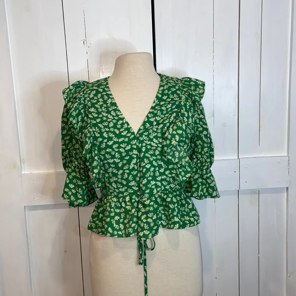 Wayf Green Floral Wraparound Dainty Ruffled Blouse - Picture 1 of 8